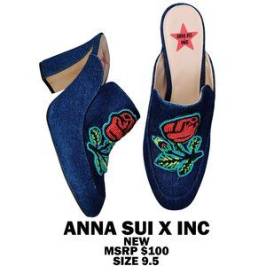 NEW $100 ANNA SUI INC Denim Rose Heeled Mules 9.5